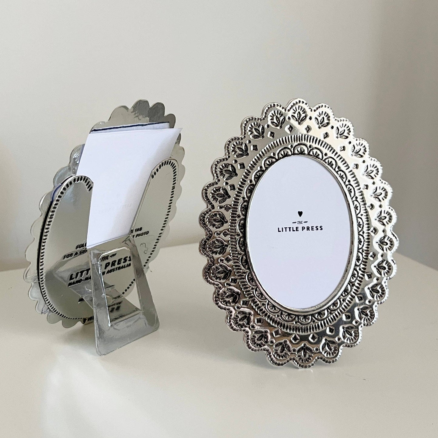 Faux Tin ~ Oval travel/desk photo frame ~ Silver