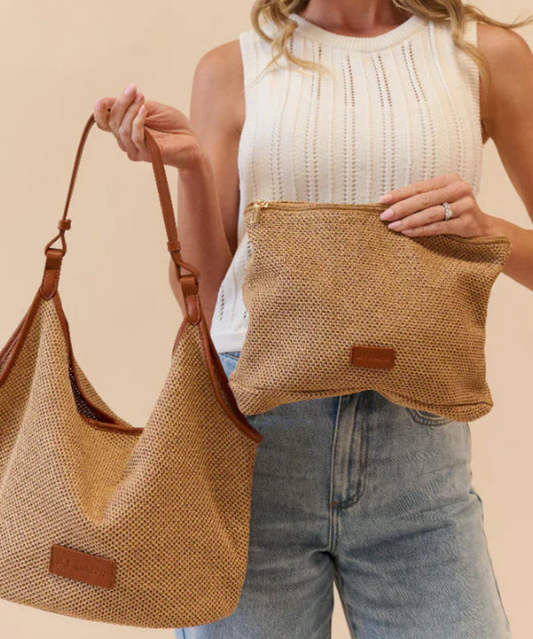 2-in-1 Luxe Shoulder Bag & Clutch- Tan by Sky Gazer